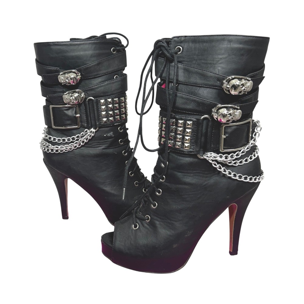 Abbey Dawn Avril Black Studded Skull Chain Platform Open Toe Boots Punk Goth